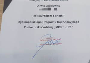 Certyfikat dla Oliwii