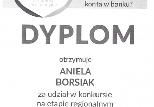 dyplom dla Anieli Borsiak